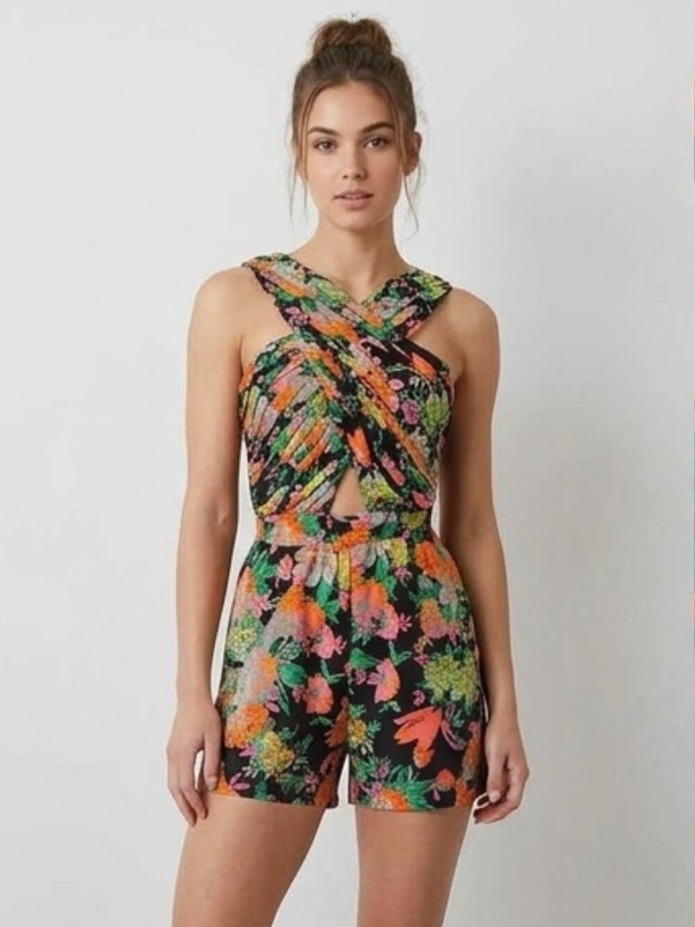 Seductions Floral Criss-Cross Halter Cutout Romper M EUC